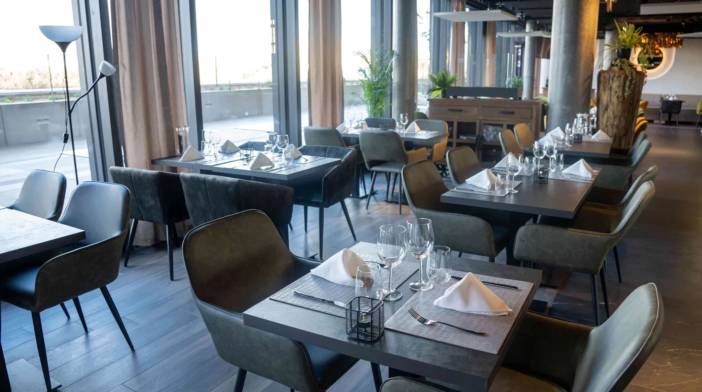 The dining room and its large windows